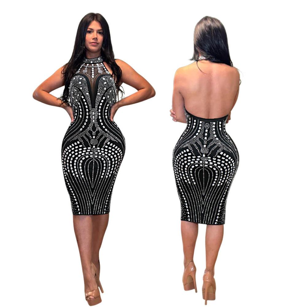 Low Back Sleeveless Mesh Patchwork Beaded Party Dress 6