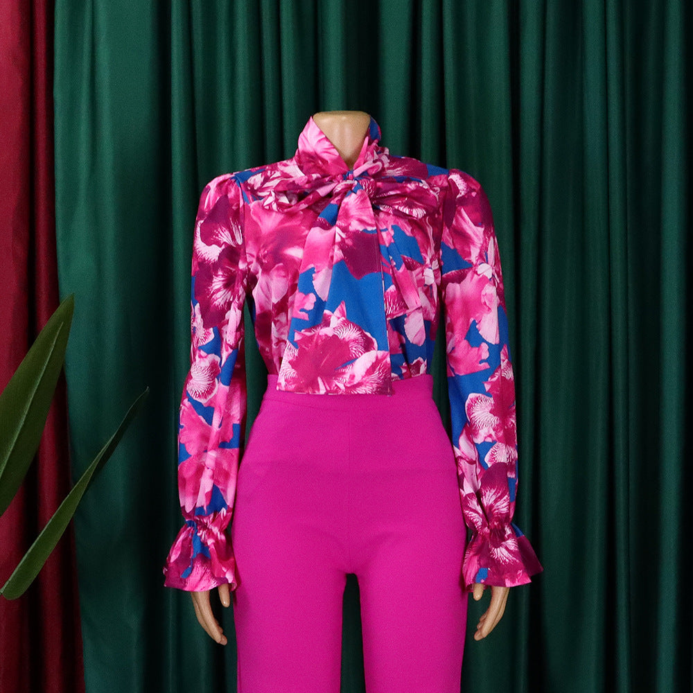 Women's Fashion Chic Slim Fit Printed Lace-Up Plus Size African Shirt 15