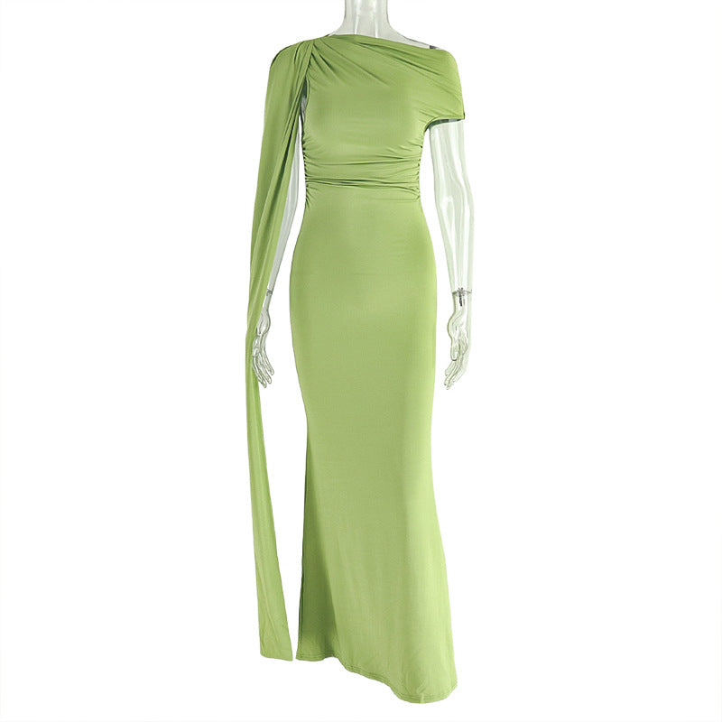 Women Elegant Slash Shoulder Solid One Shoulder Dress 4