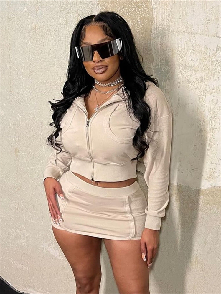 Spring Solid Color Casual Zippered Long Sleeve Hoodies slim short Skirt Set