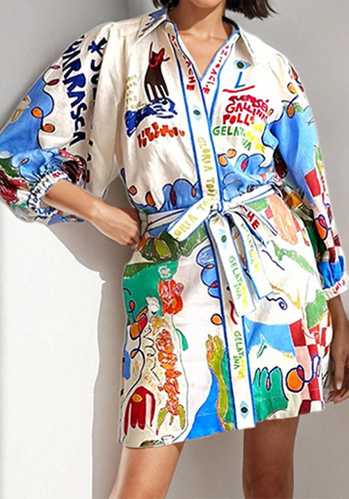 Women summer Casual printed shirt lace-up dress