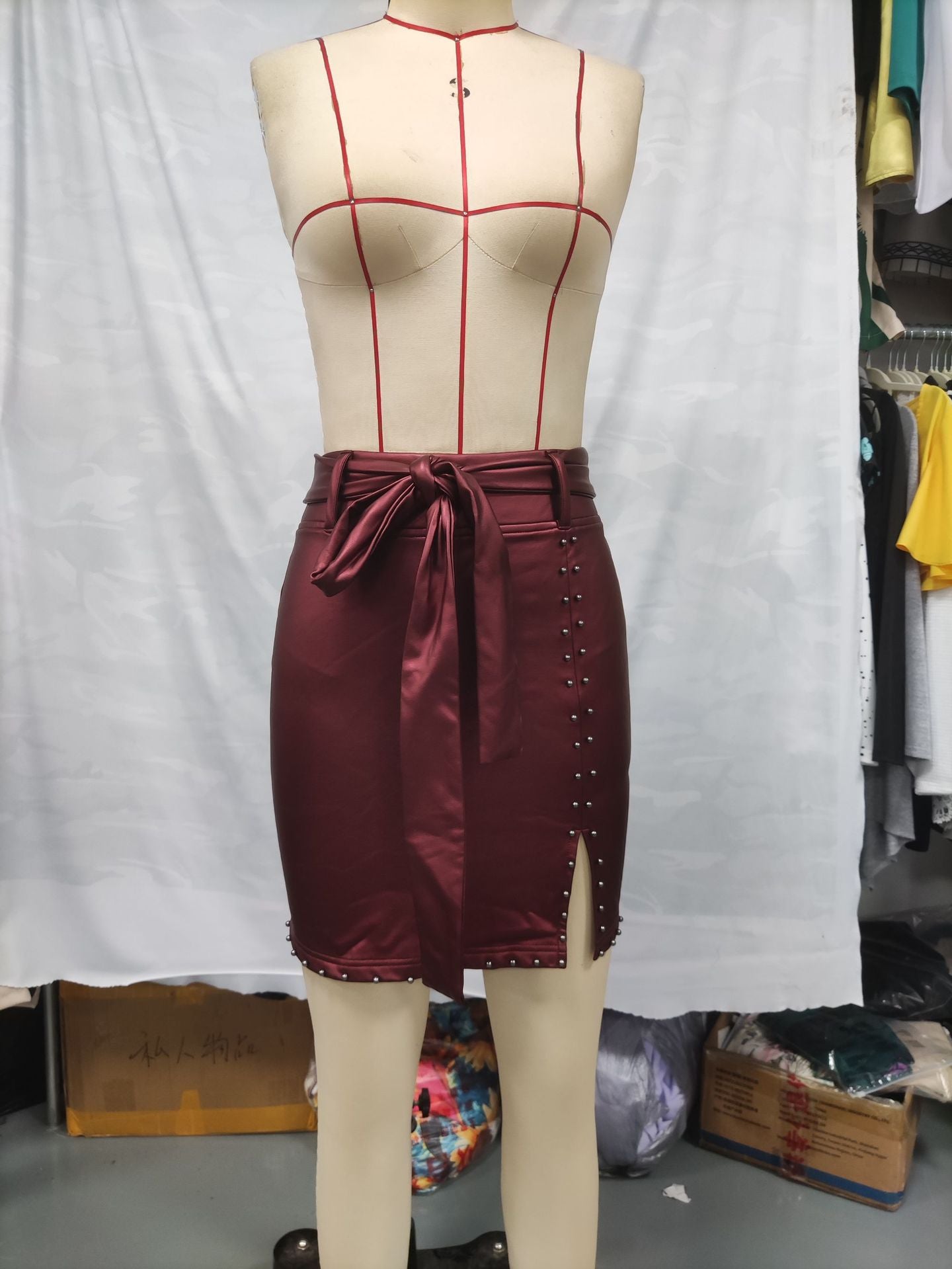 Women Casual Solid Pu-Leather Belt Zipper Bodycon Skirt 17