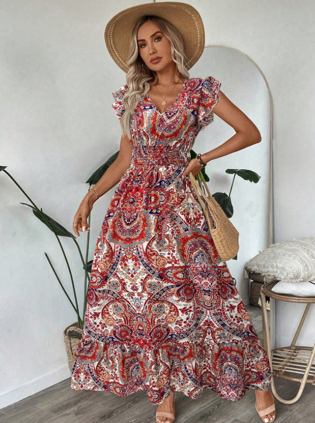Women summer printed V-neck ruffled Maxi dress