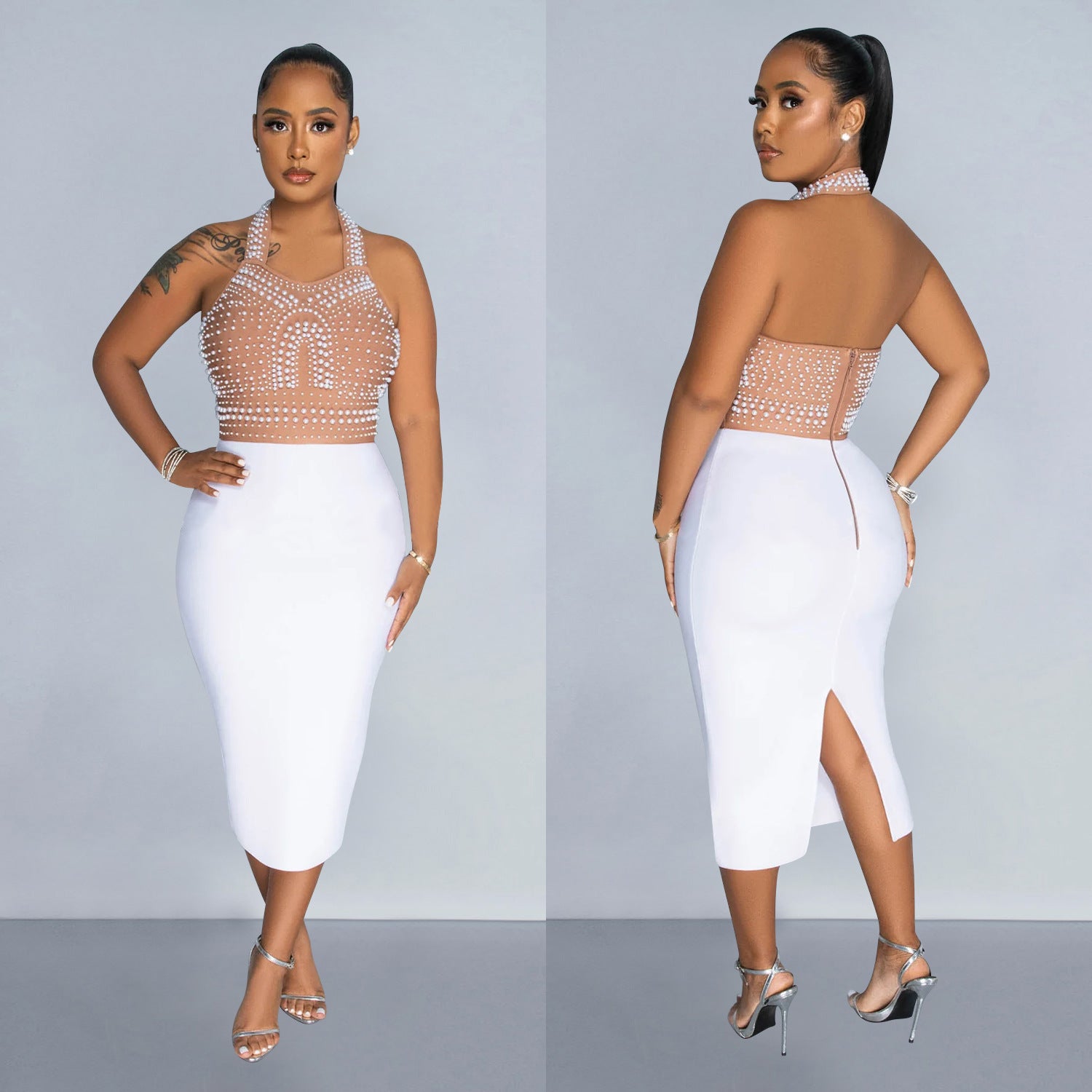 WomenSolid Mesh Beaded Halter Neck Maxi Dress 4