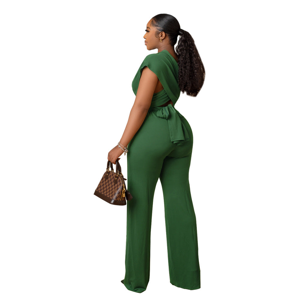 Women Solid V-neck Slim Short Sleeve Jumpsuit 12