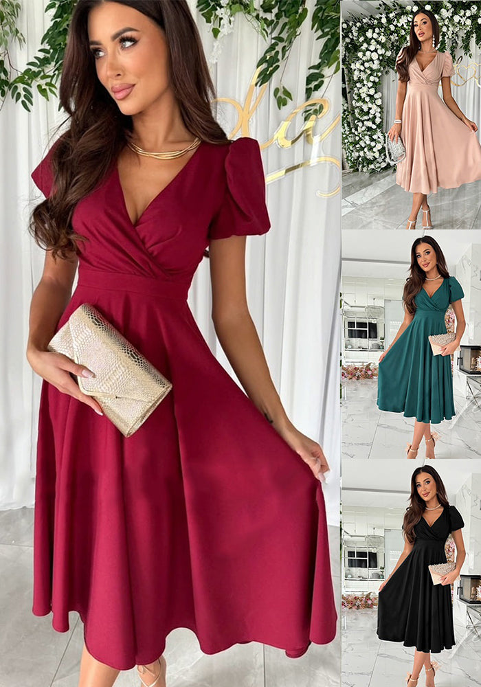 Women Career Solid V-Neck Puff Sleeve Dress