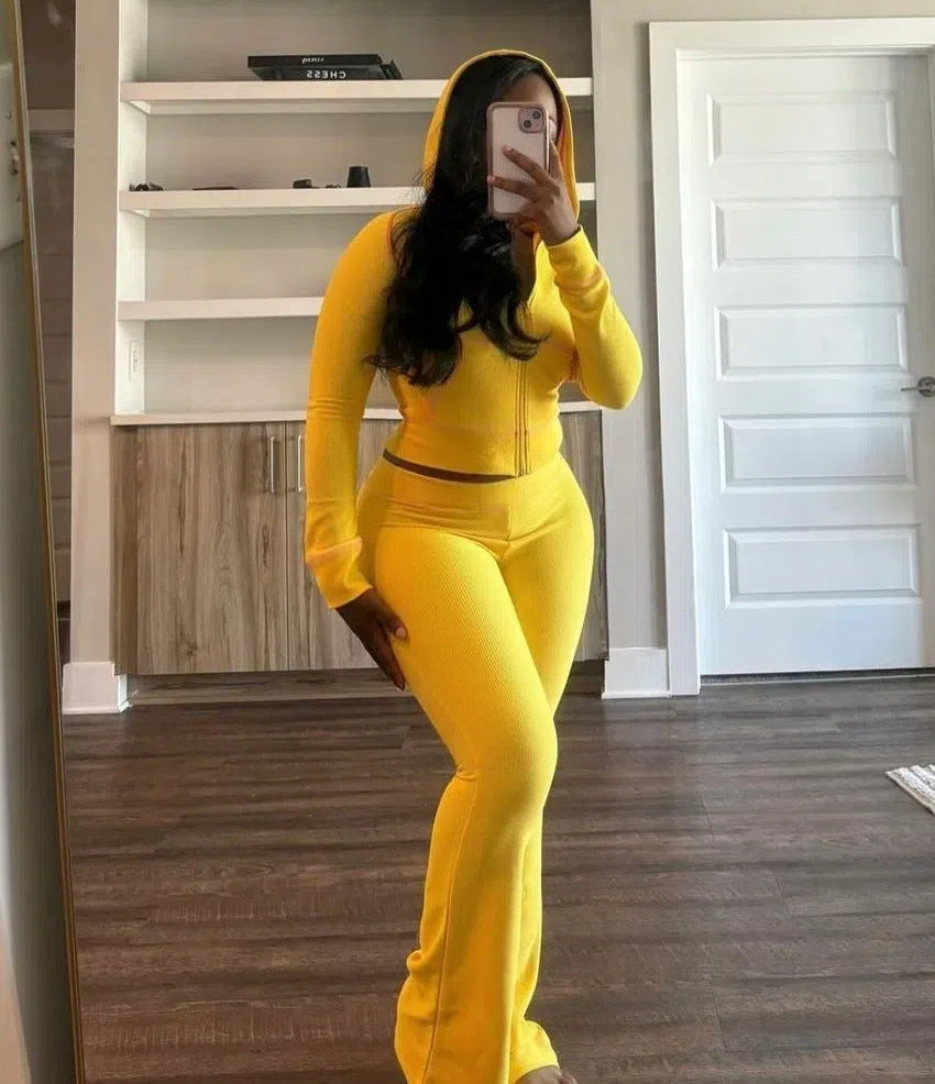 Women's Fashion Rib Zipper Hoodie Slim Bell Bottom Sports Pants Yoga Two Piece Set 3