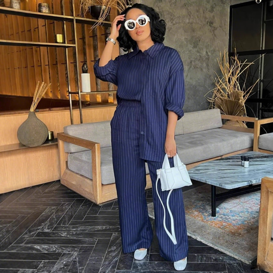 Women French Stripe Casual Long Sleeve Shirt Pants Two-piece Set