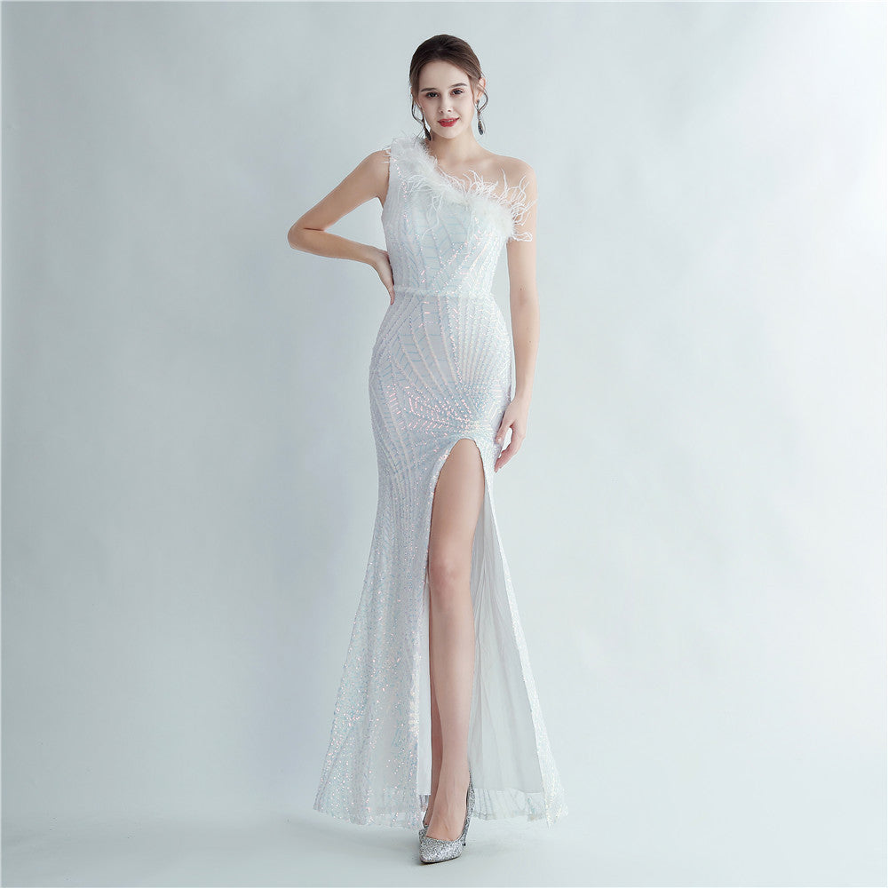 Women Ostrich Feather Sequined Slash Shoulder Evening Dress 13