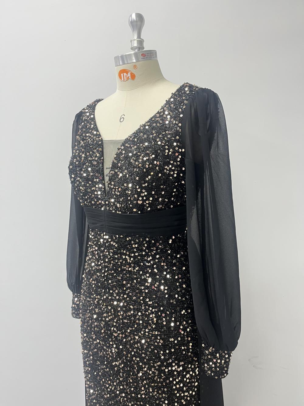 Chiffon Patchwork Long Sleeve V-Neck Luxury Shiny Party Evening Dress 11