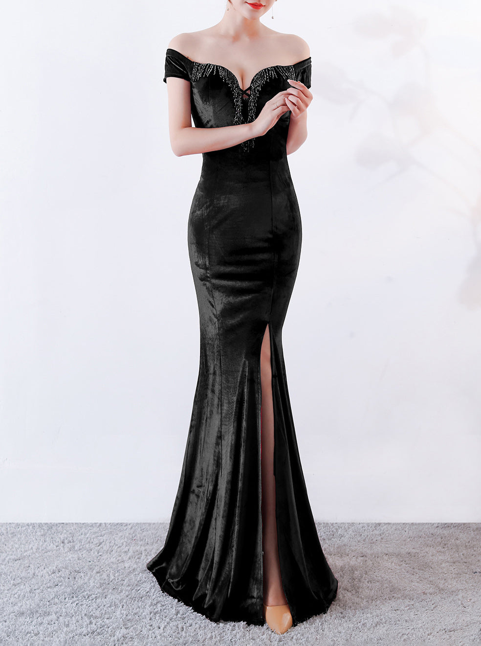 sexy off shoulder mermaid long velvet Formal Party evening dress 4
