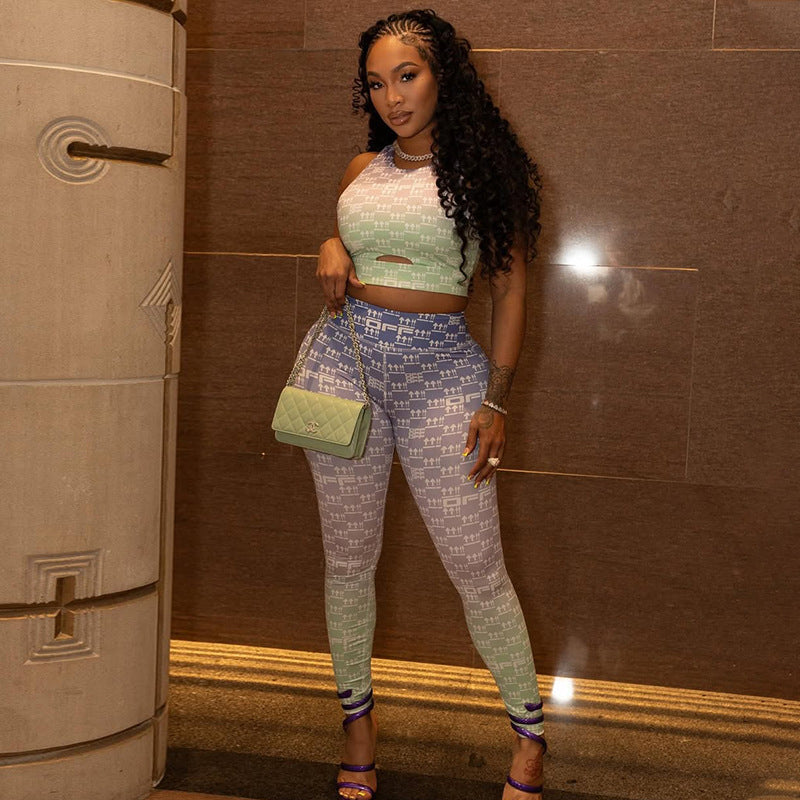 Women's Sporty Hollow-Out Printed Slim-Fit Pants Set Tank Top & Leggings 3