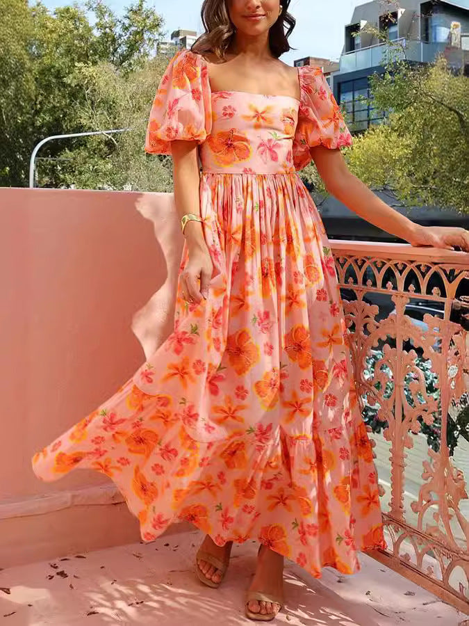 Women summer puff sleeve square neck printed dress 4