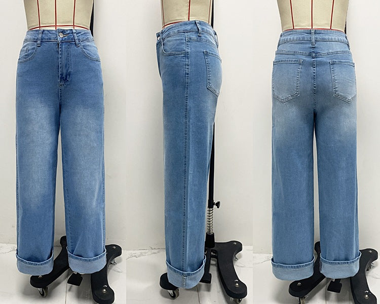 Spring High Waist  Elastic Straight Denim Pants For Women 9