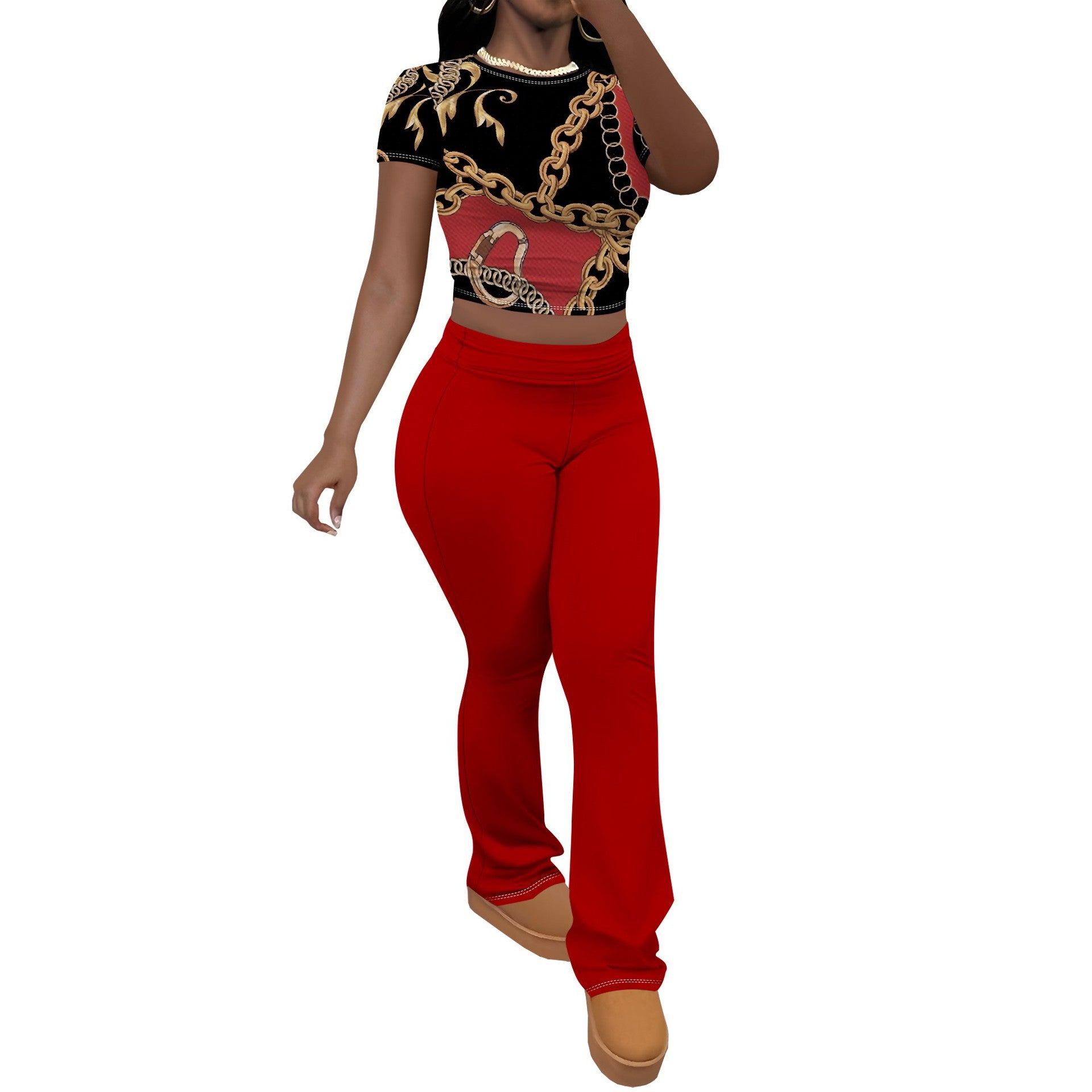 Women Casual Printed Short-Sleeved Top and Pants Two-Piece Set 6