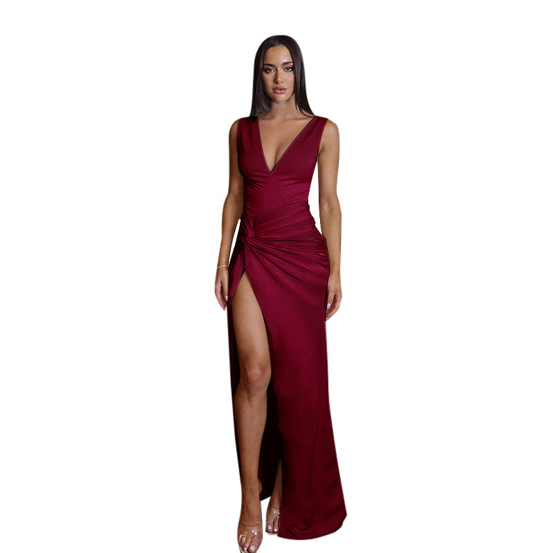 Women Sexy V Neck Satin Slit Strap Dress 6