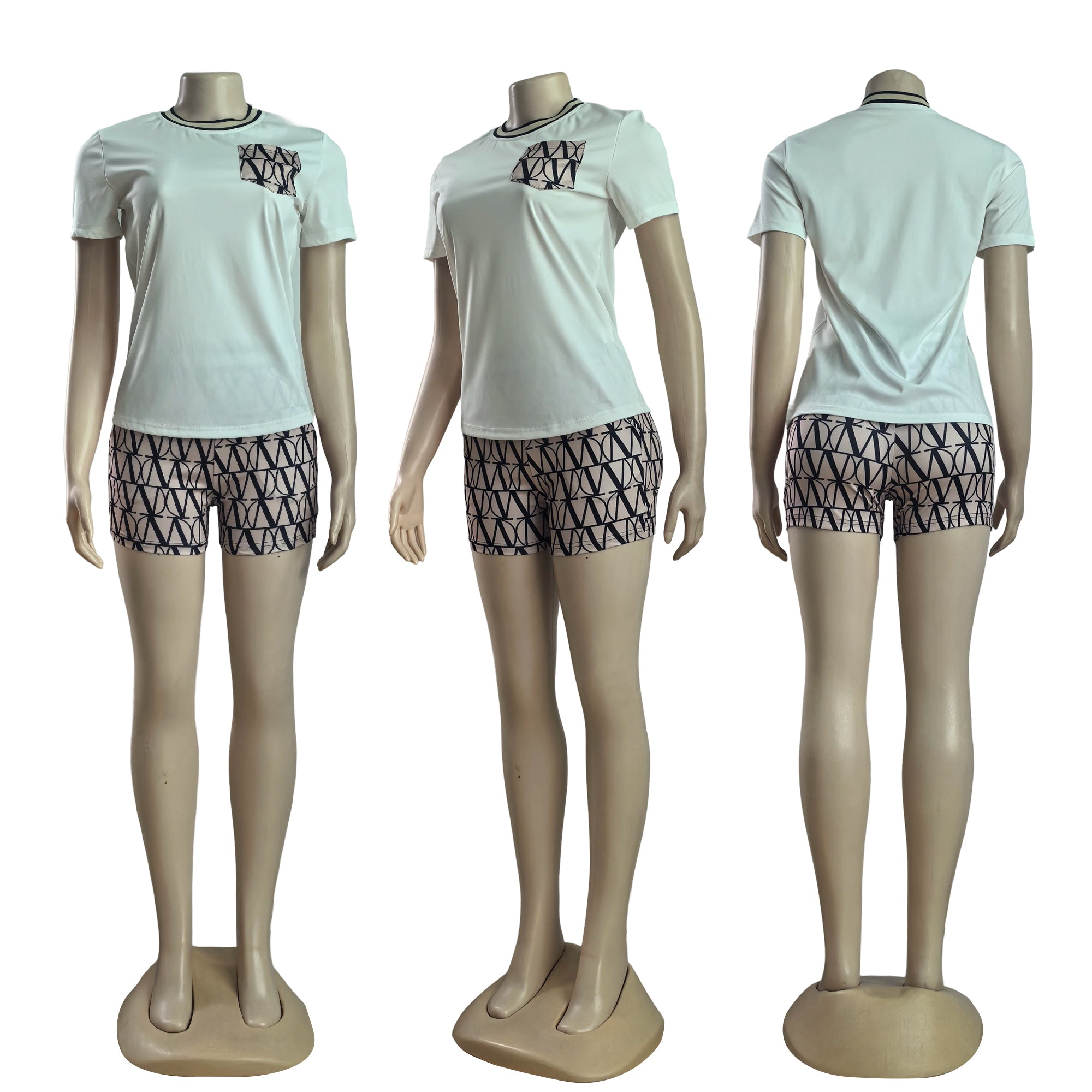 Women summer printed Round Neck pocket short-sleeved top and shorts two-piece set 7
