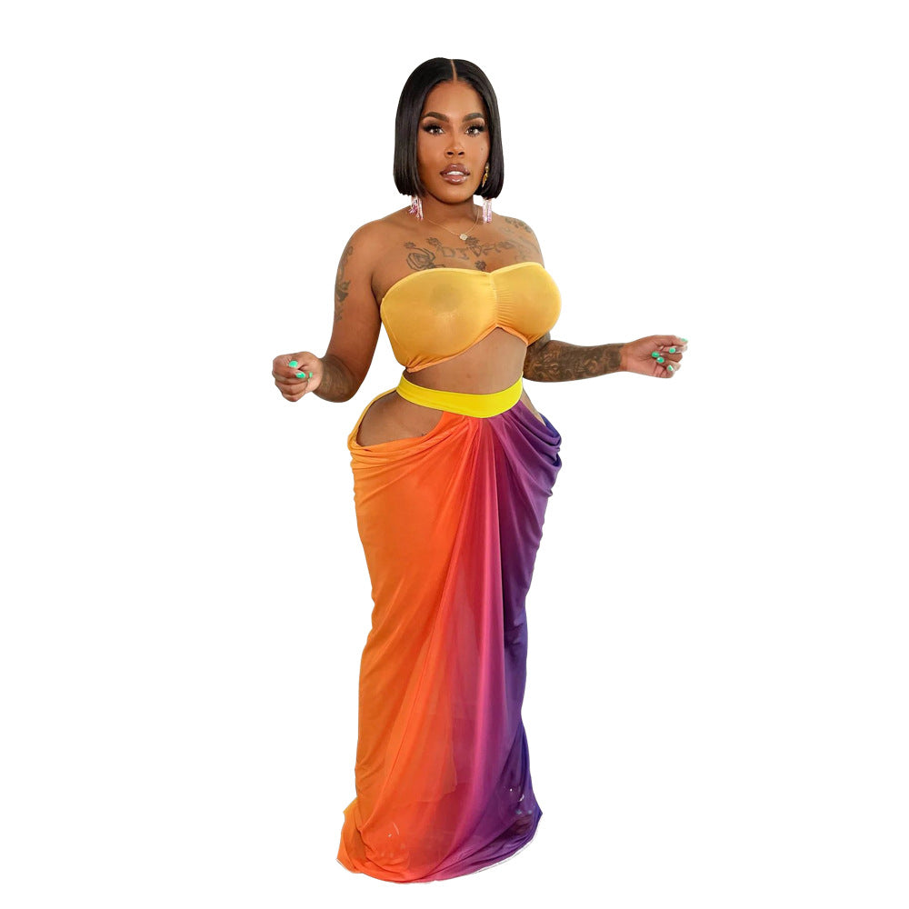 Women Beach Printed Strapless Top and Skirt Two-piece Set 7