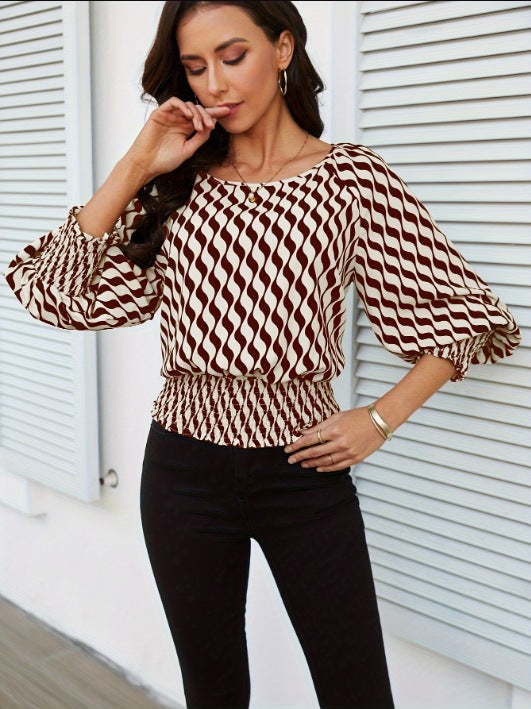 Spring Women's Lantern Sleeve Top & Slim Waist Contrast Print Long Sleeve T-Shirt 4