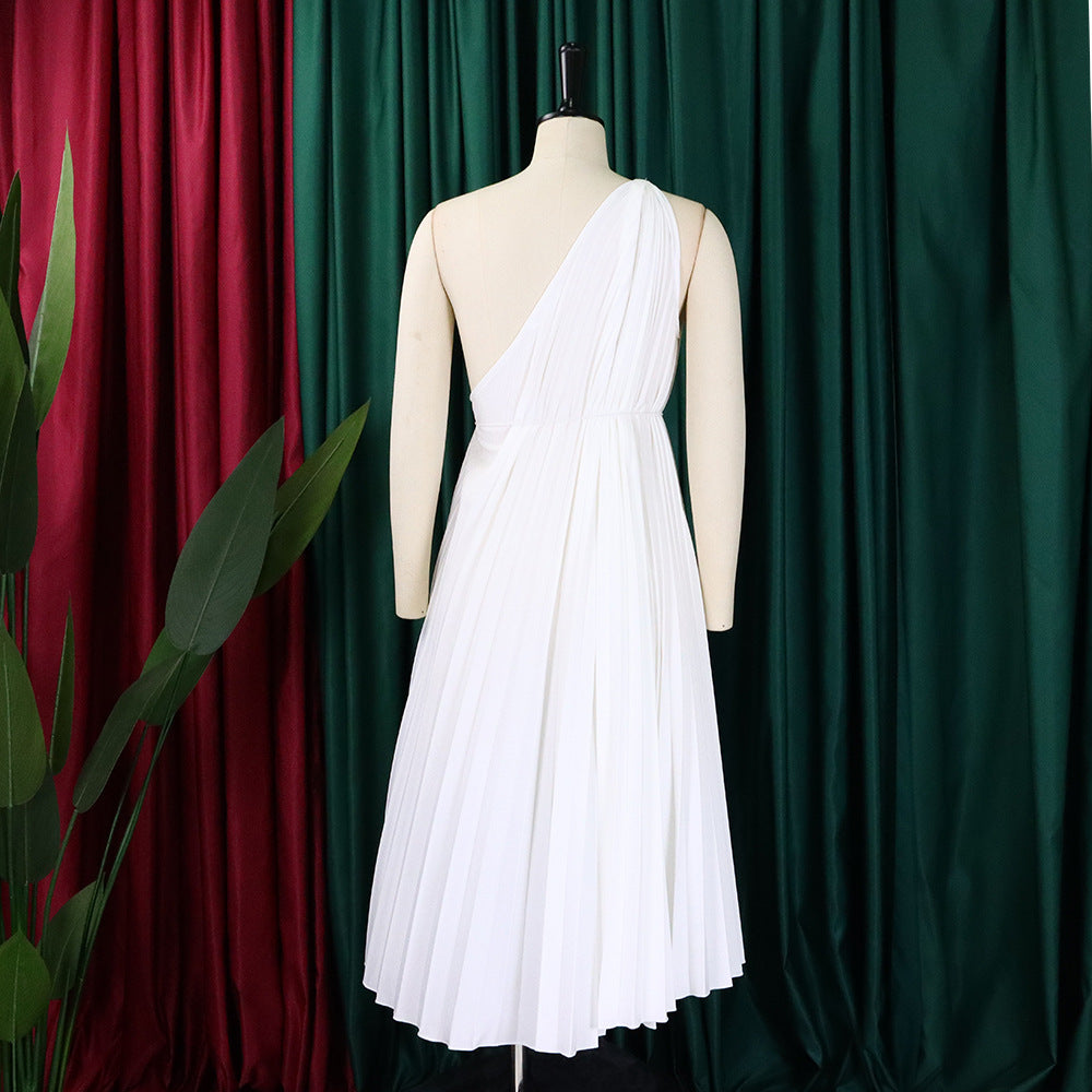 Women Summer Solid Slash Shoulder Lace-Up Loose Pleated Dress 18