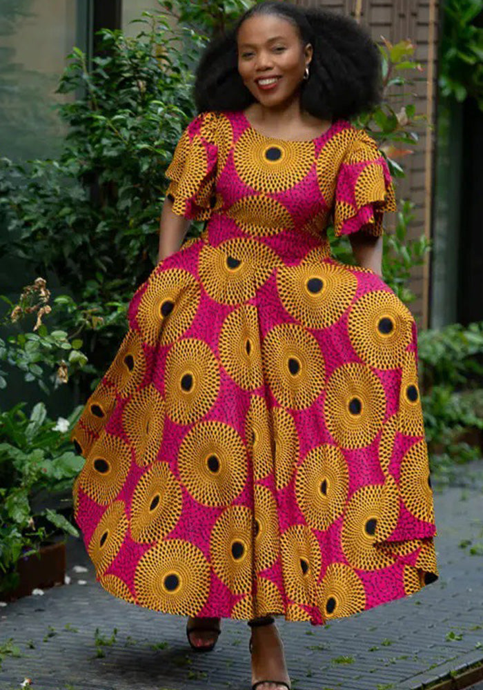 Women African Round Neck double-layer ruffle short-sleeved printed dress