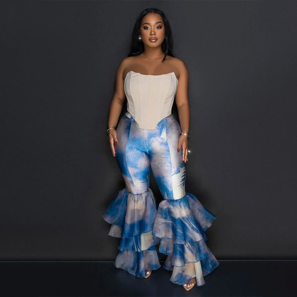 Women's Tie-dye Print Bell Bottom Pants Ruffled trousers 5