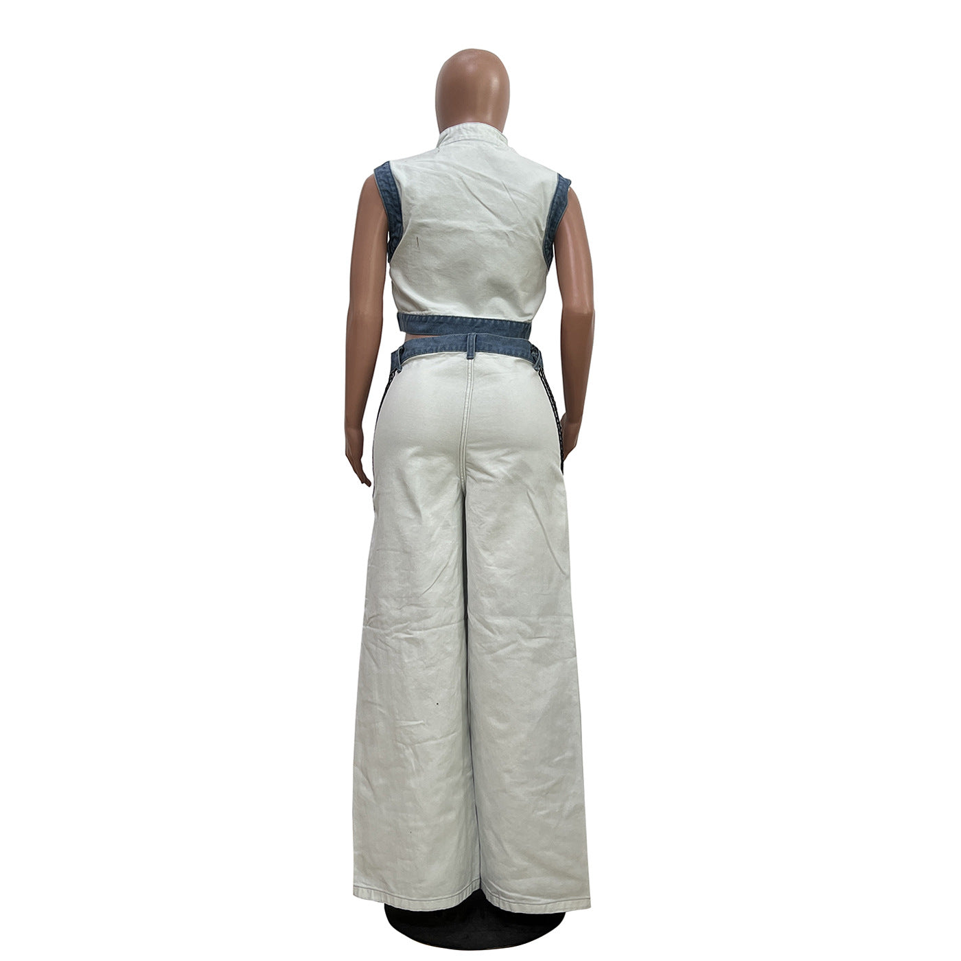 Women casual webbing patchwork top and denim wide-leg pants two-piece set 8