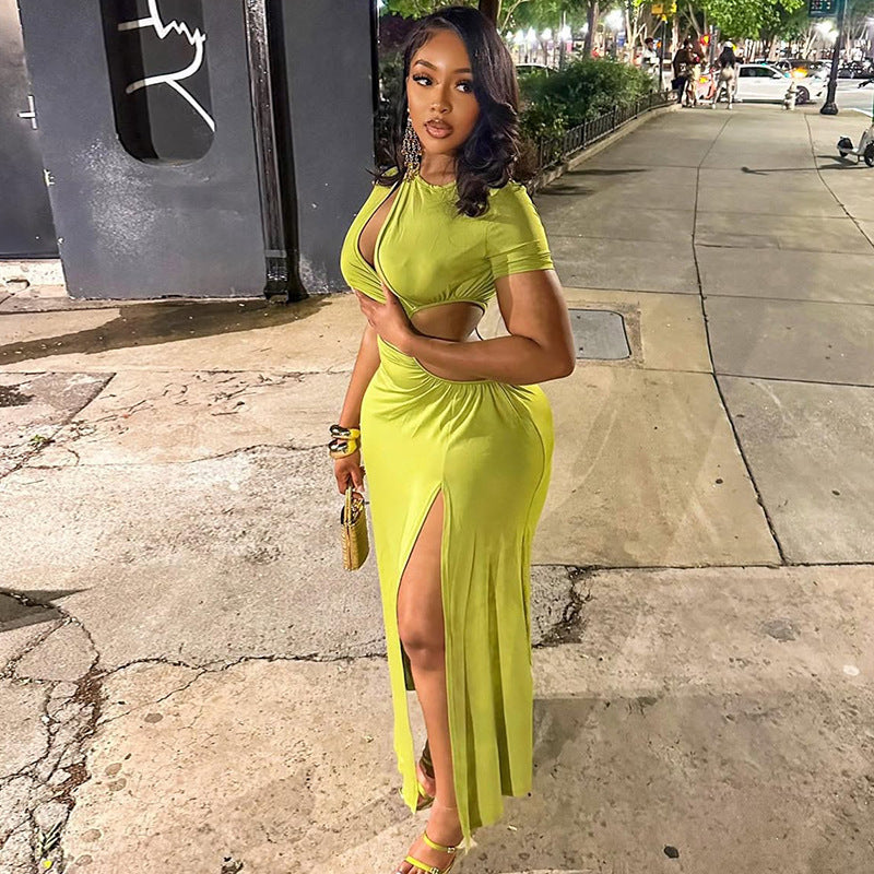 Chic Women's Fashion Cut-Out Slit Irregular Round Neck Solid Color Pleated Dress 7