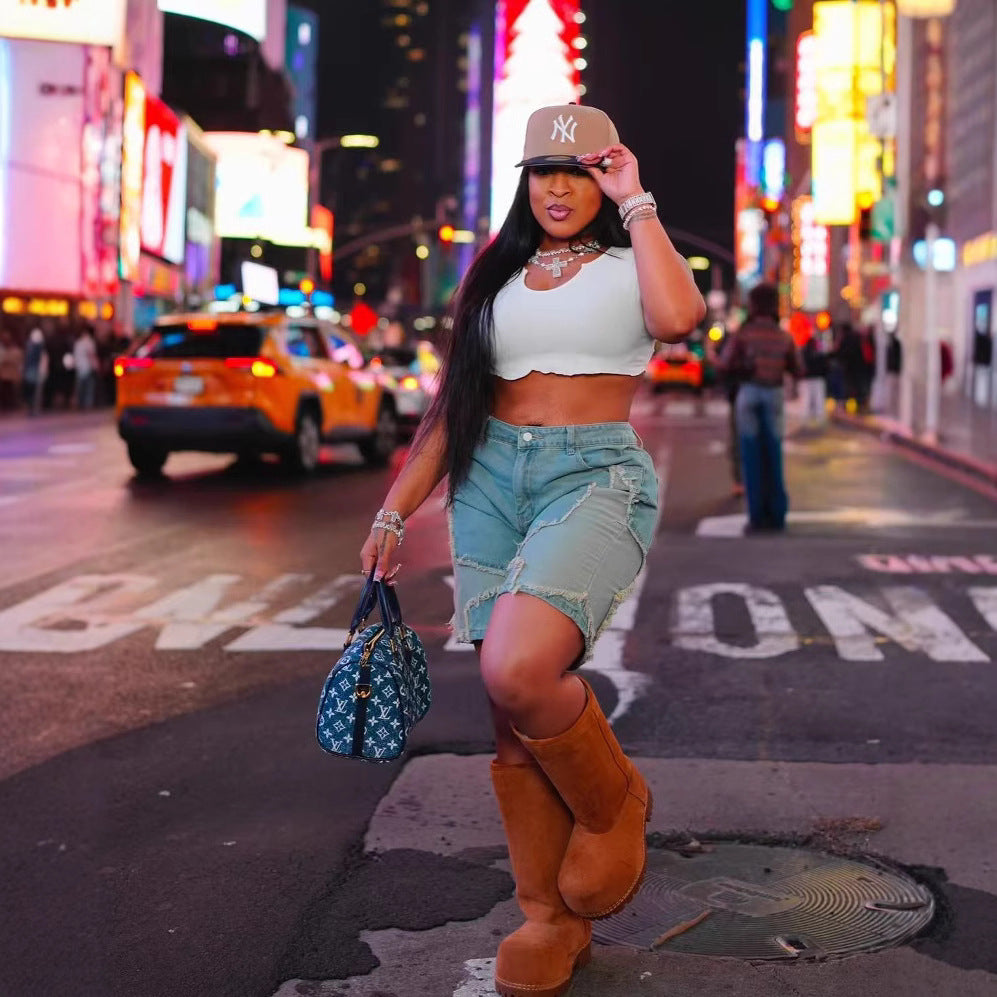 Women summer star tassel raw edge loose Denim Shorts 5