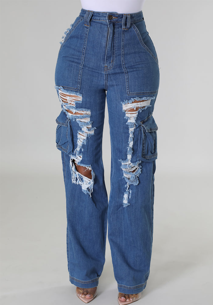 Women Summer Organ Bag Loose Ripped Denim Pant