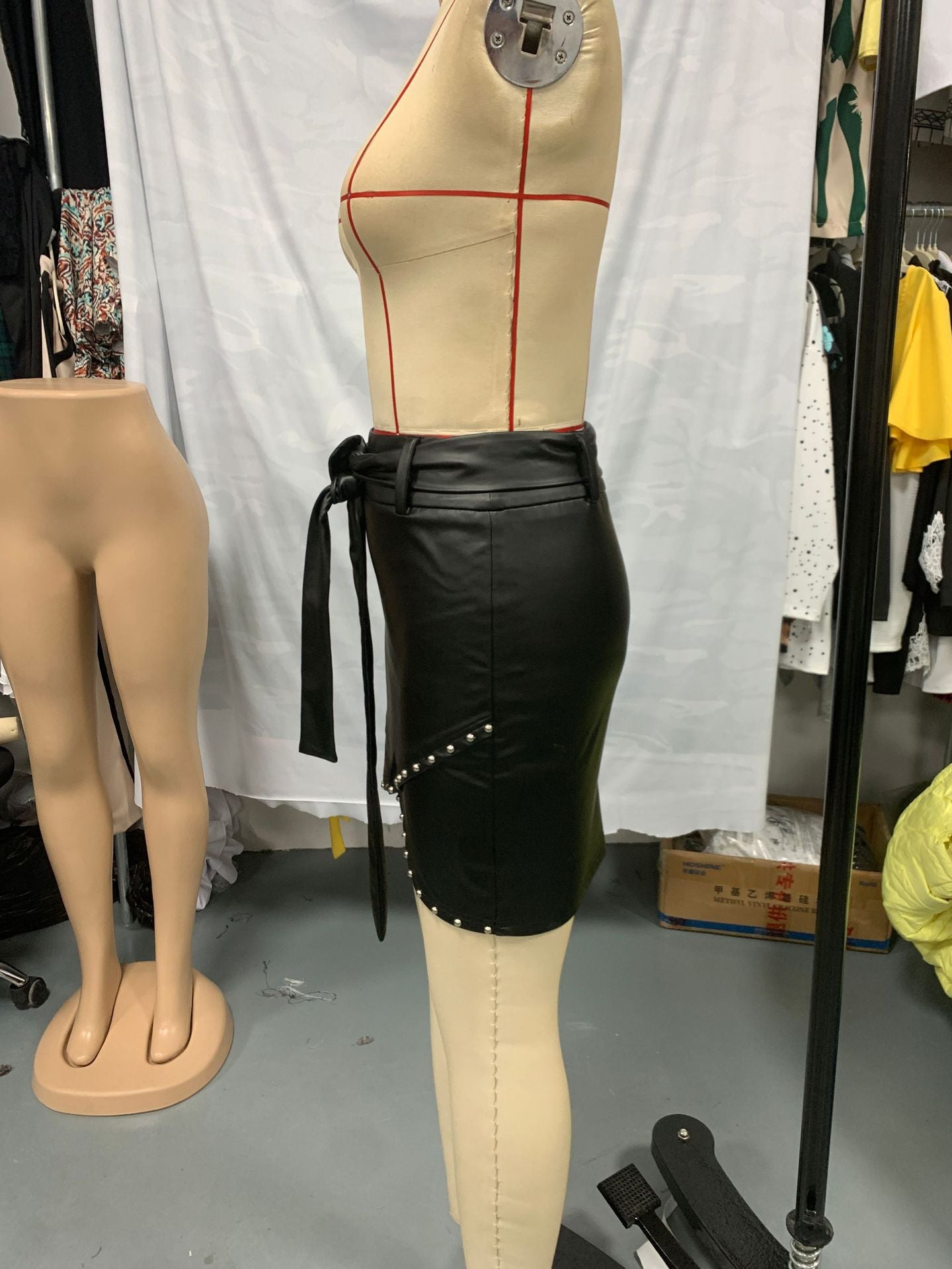 Women's  Fashion Casual Sexy Leather Beaded Slit Bodycon Mini Skirt 7