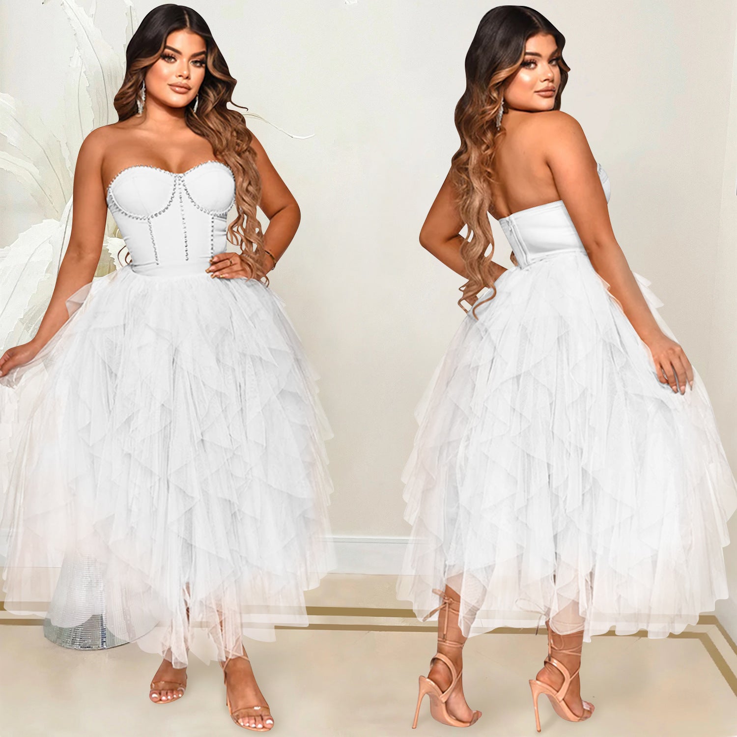 fashion solid color beaded tube top fluffy mesh dress women 8