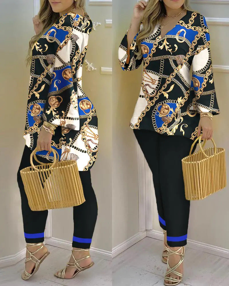 Spring Summer Print Fashion V-Neck Long Sleeve 2-Piece Pants Set 3