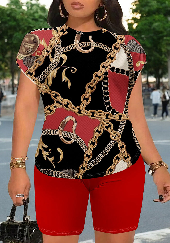 Women Fashion Printed Short Sleeve T-shirt and Shorts Two-piece Set