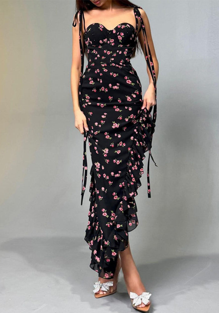 Women Summer Printed Sexy Mesh Lace-up Dress