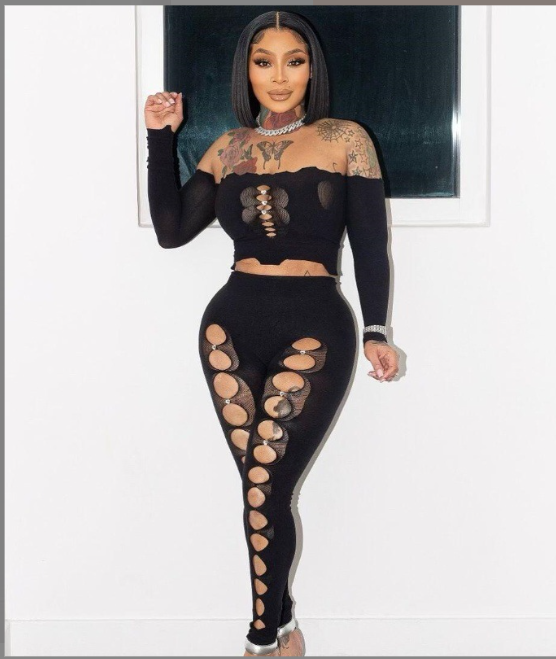 Spring Solid Off Shoulder Long Sleeve Crop Top Ripped Tight Fitting Pant Sexy Two Piece Set