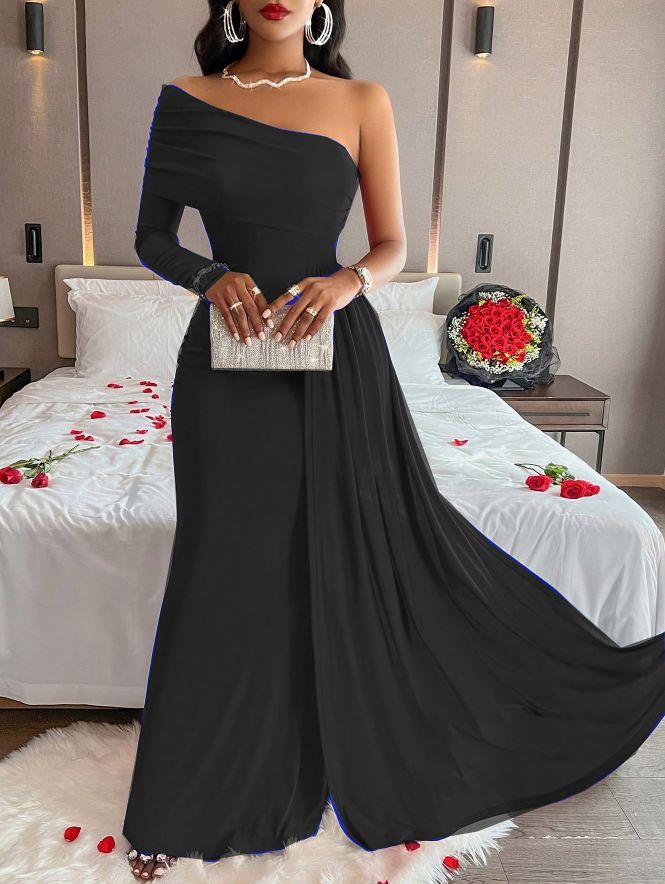 Summer Casual Sexy Women's Solid Color Slash Shoulder Slim Waist Long Dress 4