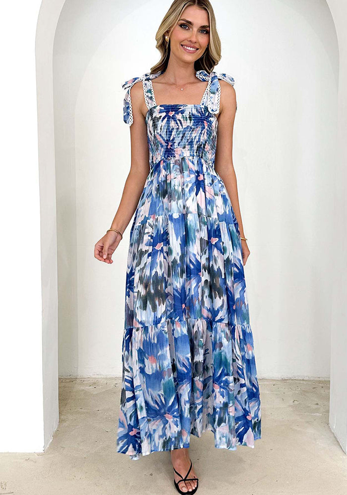 Spring and Summer Women's Strap Elastic Waist Strap Print Long Dress