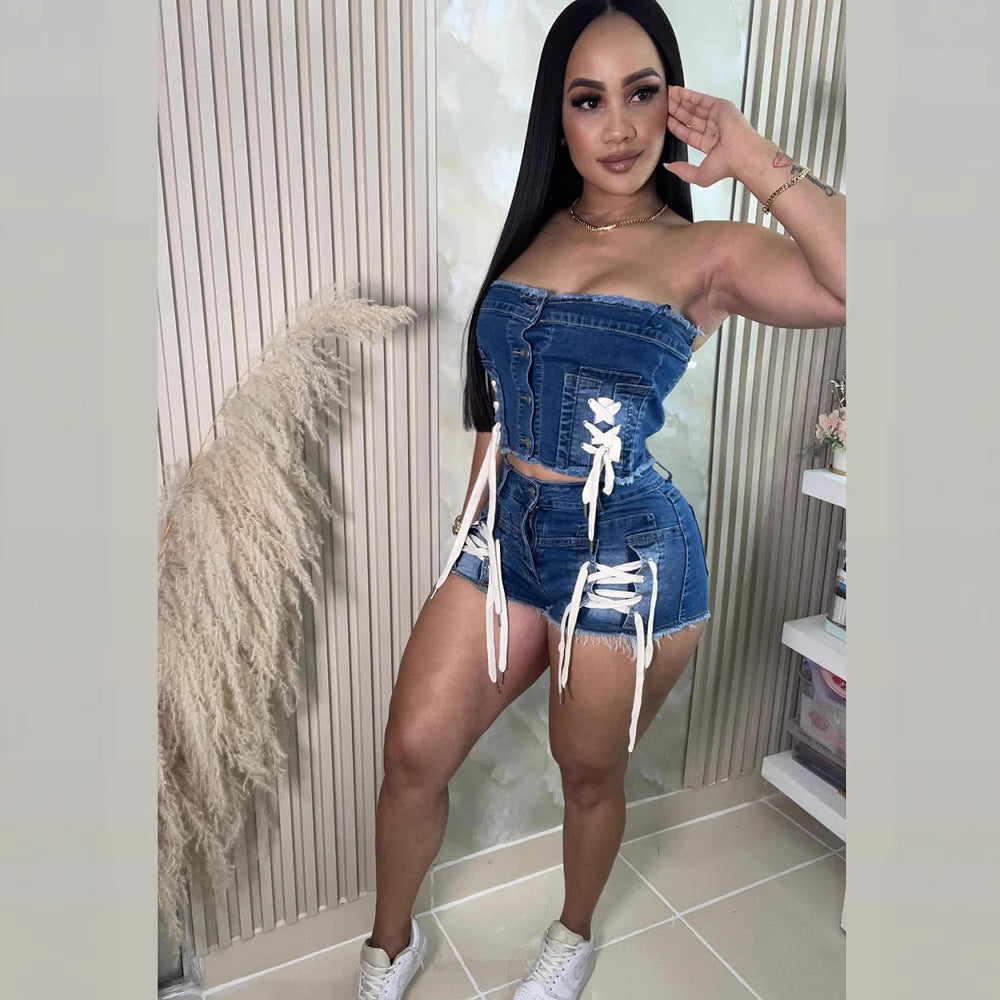 Women's Lace-Up Strapless Top & High-Waist Shorts Denim Set