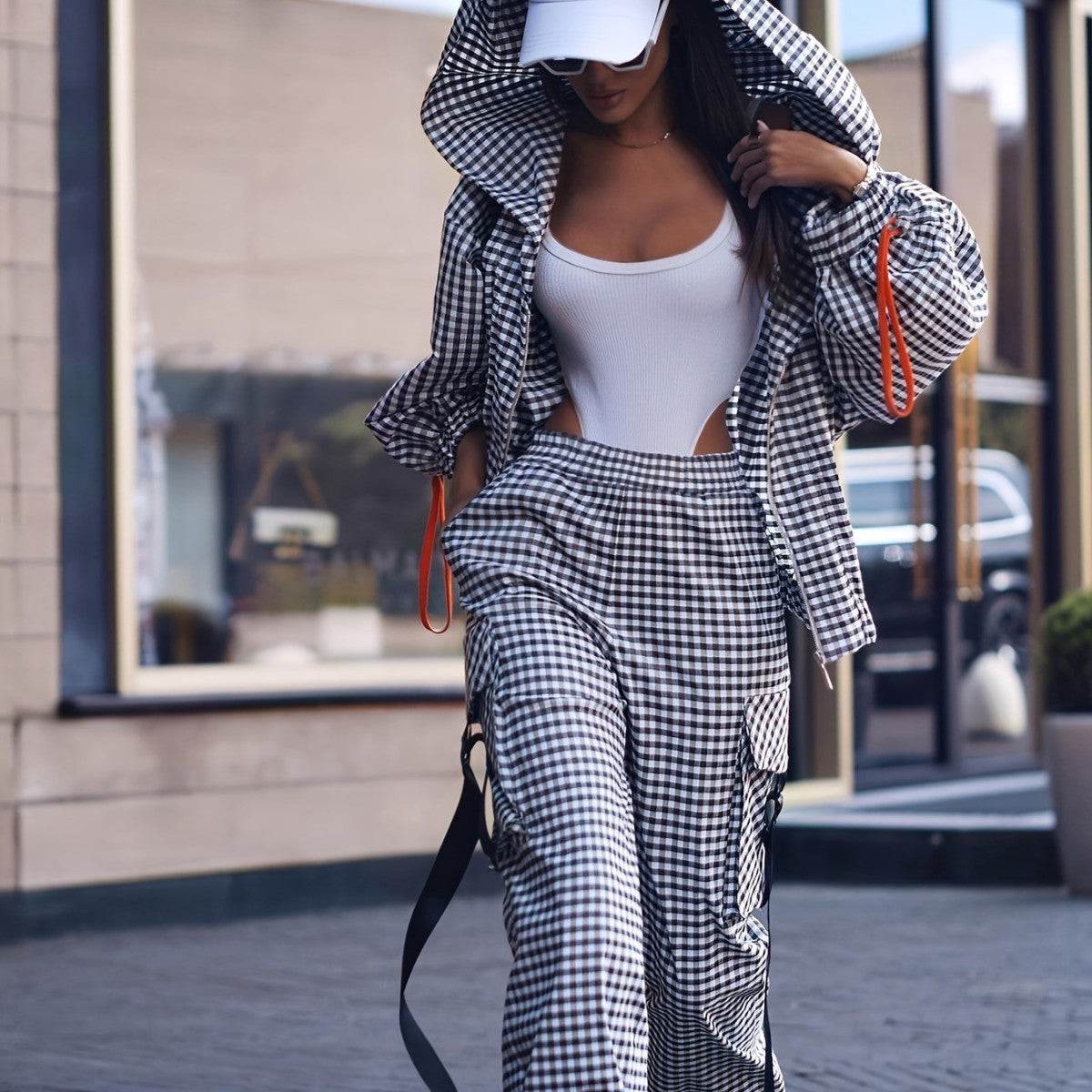 Spring Autumn Women's Fashion Casual Checkered Pocket Hooded Loose Two-Piece Pants Set