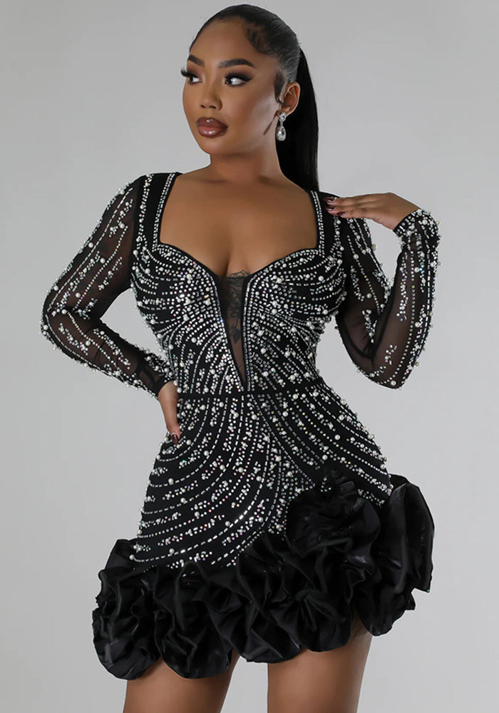 Women Beaded Long Sleeve Square Neck Dress 5