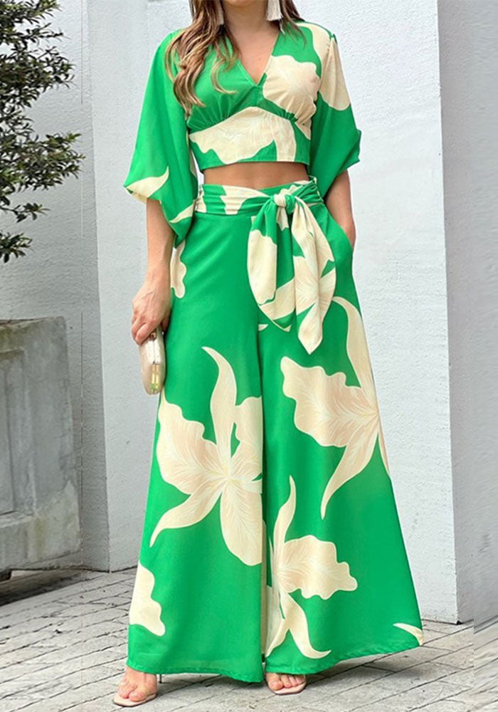 Women v-neck lantern sleeve short top and wide-leg pants two-piece set