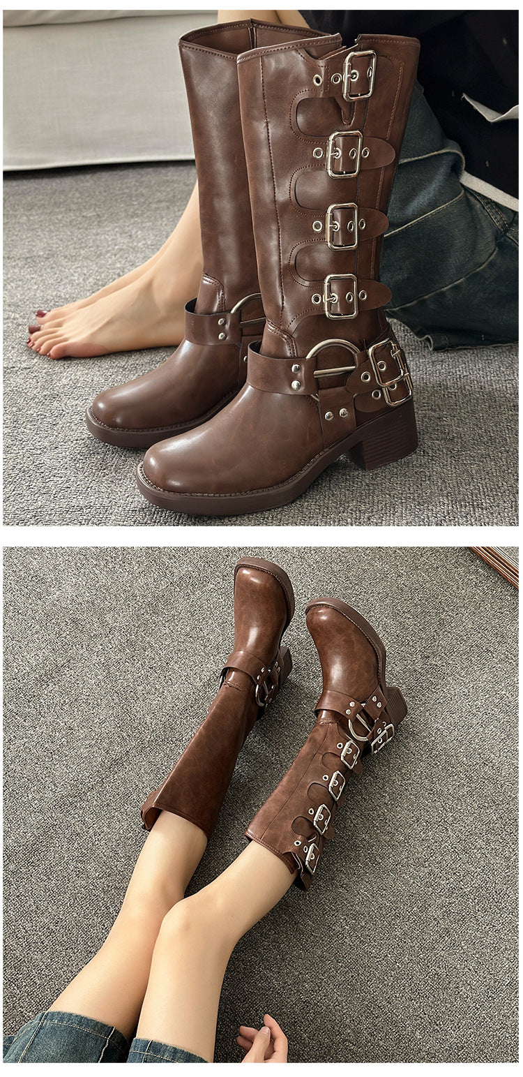 Women's Brown Knee-High Autumn Winter Leather Denim High Shaft Equestrian Boots 4