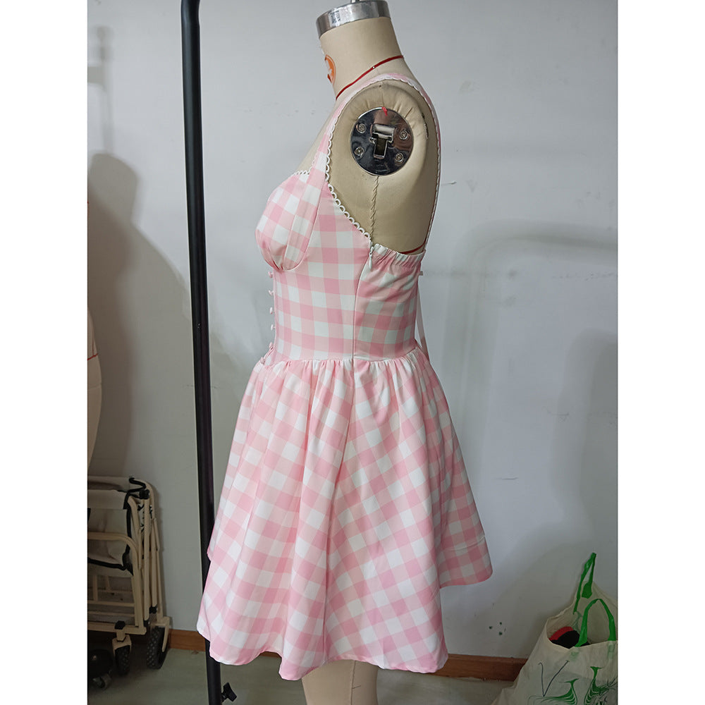 Spring Summer women's fashion sweet plaid sexy Low Back Casual Strap Dress 9