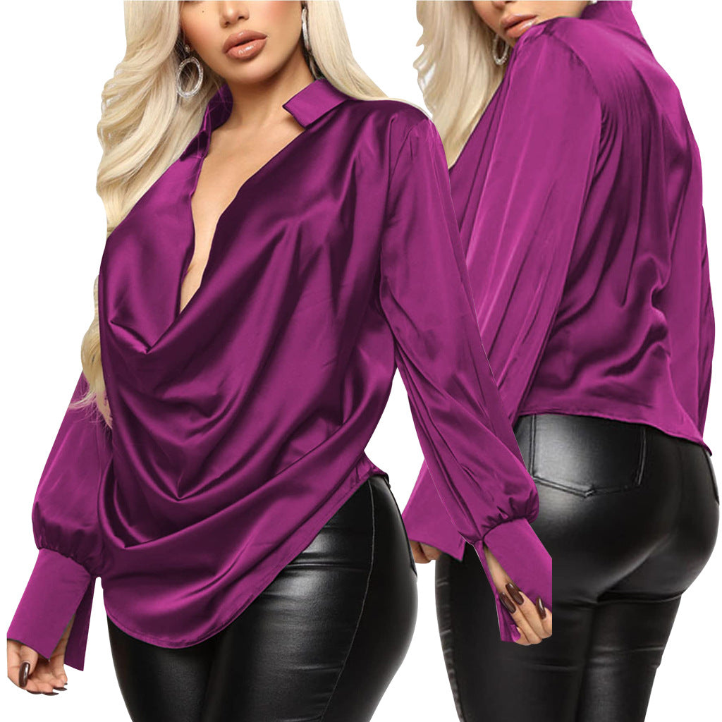 Sexy Fashion Solid Color Stretch Ladies Satin Blouse 10