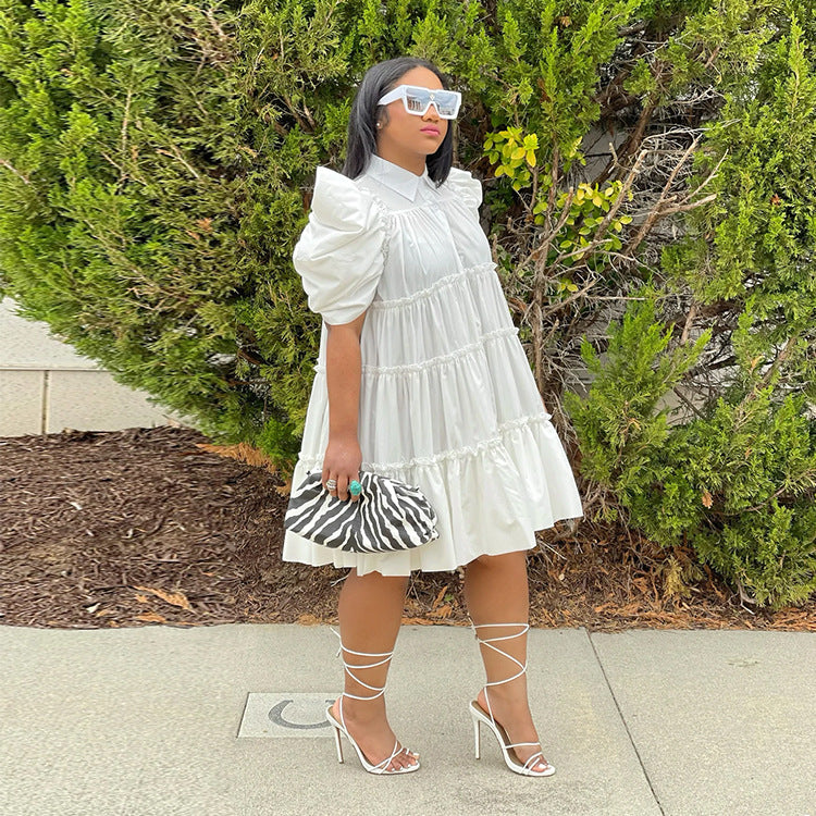 Spring/Summer Retro Court Style Pleated Puff Sleeve Loose Women Dress 5