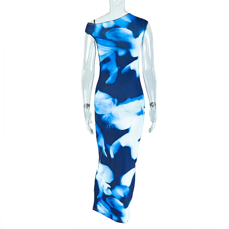 Women Printed Pleated Bodycon Slash Shoulder Asymmetric Dress 8