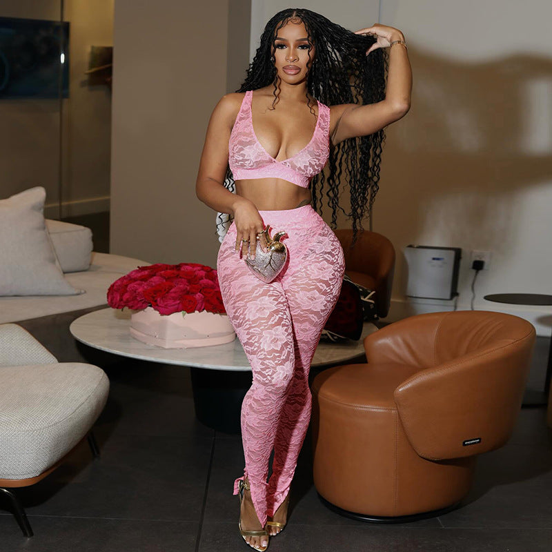 Women Summer Sexy Wrap Patchwork Lace Suspender Crop Top and Pants Two Piece Set 4