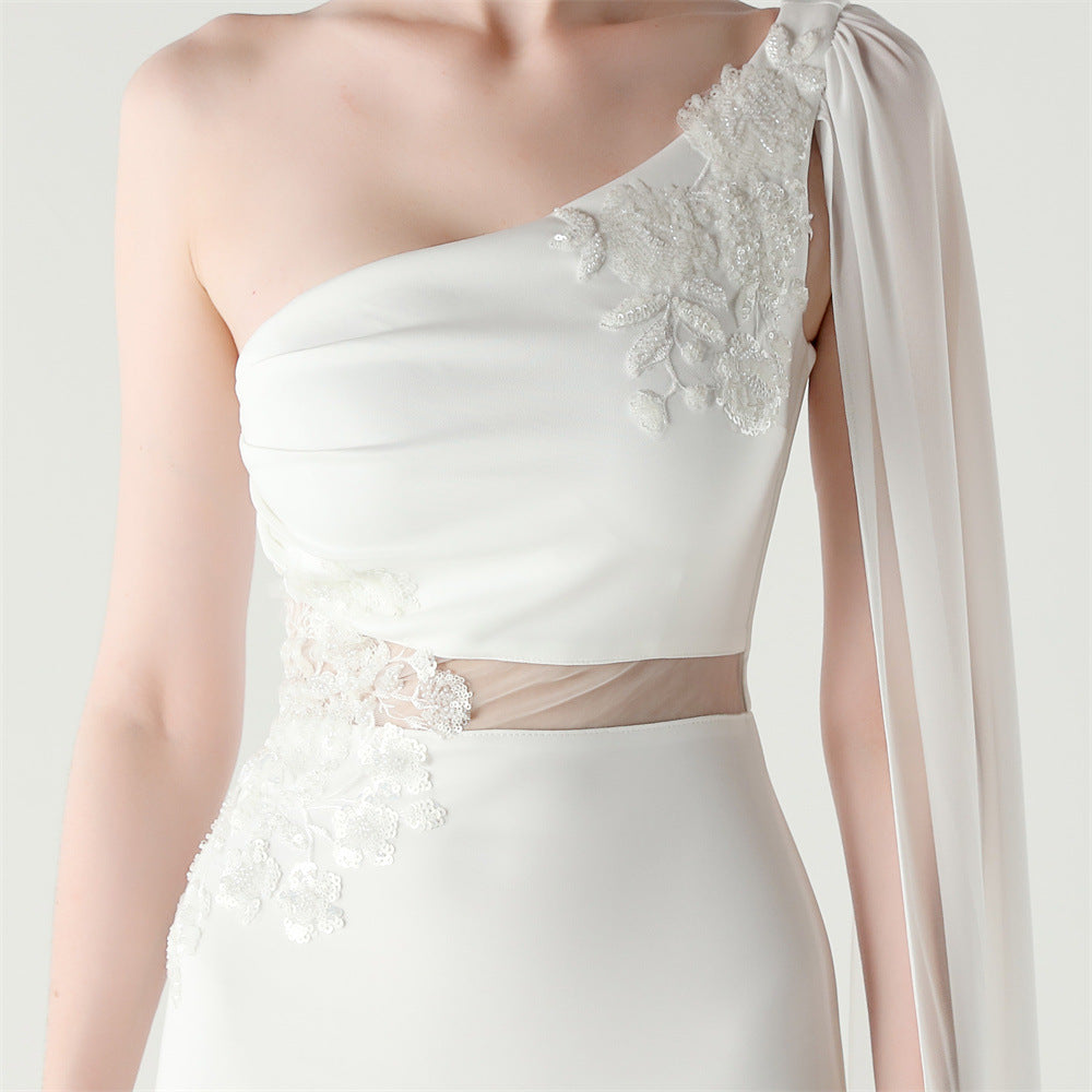 Women Tulle Shawl Beaded Tube Embroidery One Shoulder Evening Dress 47