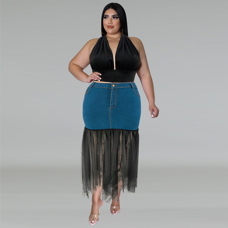 Plus Size Women's Denim Patchwork Mesh Skirt